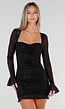 Zwarte Glitter Mesh Mini Jurk met Lange Mouwen en Stretch