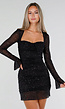 Zwarte Glitter Mesh Mini Jurk met Lange Mouwen en Stretch