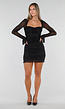 Zwarte Glitter Mesh Mini Jurk met Lange Mouwen en Stretch