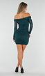 Groene Glitter Mesh Off Shoulder Mini Jurk met Lange Mouwen