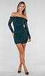 Groene Glitter Mesh Off Shoulder Mini Jurk met Lange Mouwen