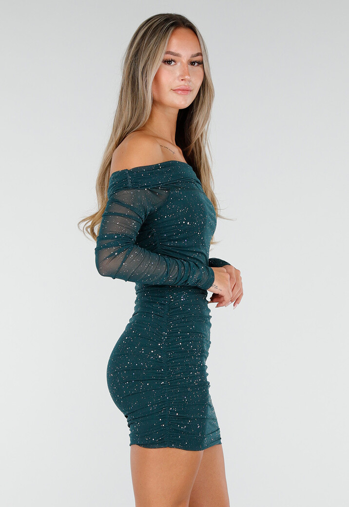 Groene Glitter Mesh Off Shoulder Mini Jurk met Lange Mouwen