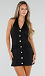 Zwarte Halter Playsuit met Korte Pijpen en Gouden Knopen