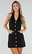 Zwarte Halter Playsuit met Korte Pijpen en Gouden Knopen