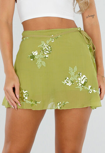 NEW300926 Groene Skort met Overslag en Bloemen