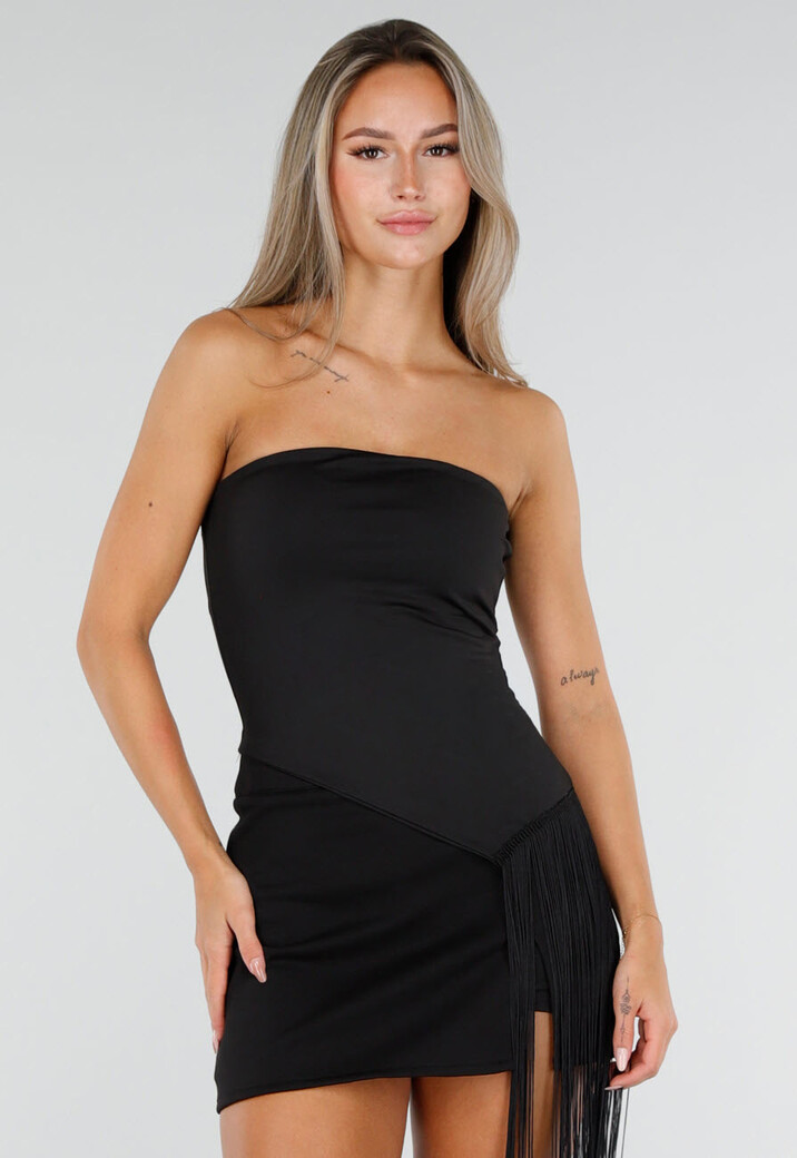 Zwarte Strapless Bandeau Top met Extra Lange Franjes