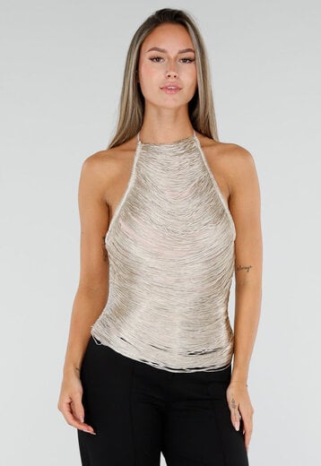 NEW300926 Beige Fringe Haltertop met Ondertop