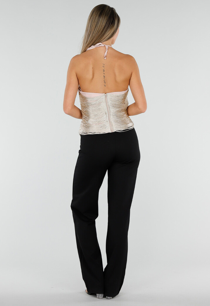 Beige Fringe Haltertop met Ondertop en Open Rug
