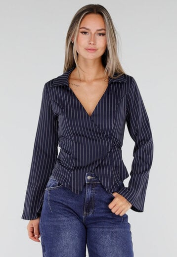 NEW300926 Donkerblauwe Gestreepte Wikkeltop
