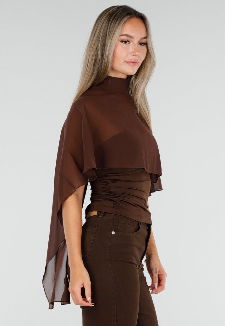 Bruine Cape Top met Col en Doorschijnende Lange Zijkanten