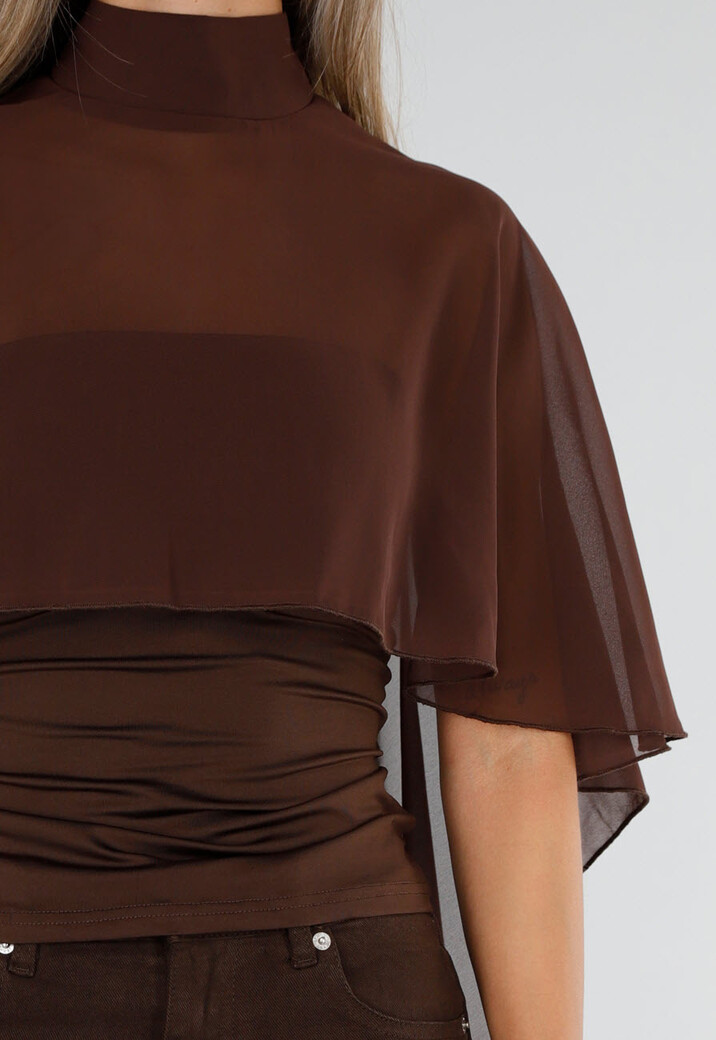 Bruine Cape Top met Col en Doorschijnende Lange Zijkanten