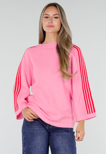 NEW300926 Roze Trui met Rode Strepen op Mouwen