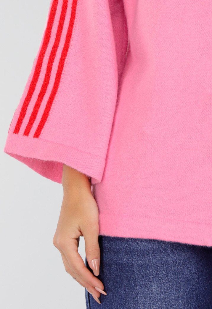 Roze Trui met Rode Strepen en Wijde Driekwart Mouwen