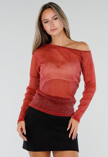 NEW300926 Bordeaux Glitter Off Shoulder Mesh Top