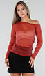 Bordeaux Glitter Mesh Top met Lange Mouwen en Blote Schouder