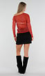 Bordeaux Glitter Mesh Top met Lange Mouwen en Blote Schouder