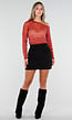 Bordeaux Glitter Mesh Top met Lange Mouwen en Blote Schouder