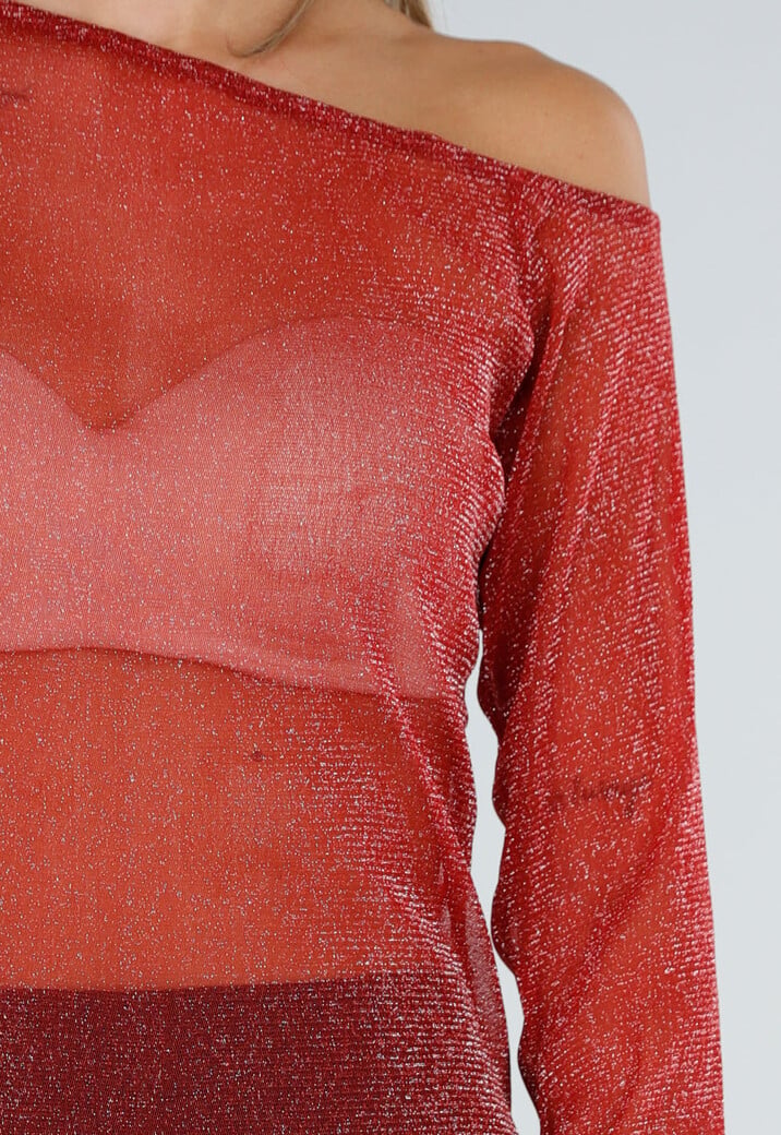 Bordeaux Glitter Mesh Top met Lange Mouwen en Blote Schouder