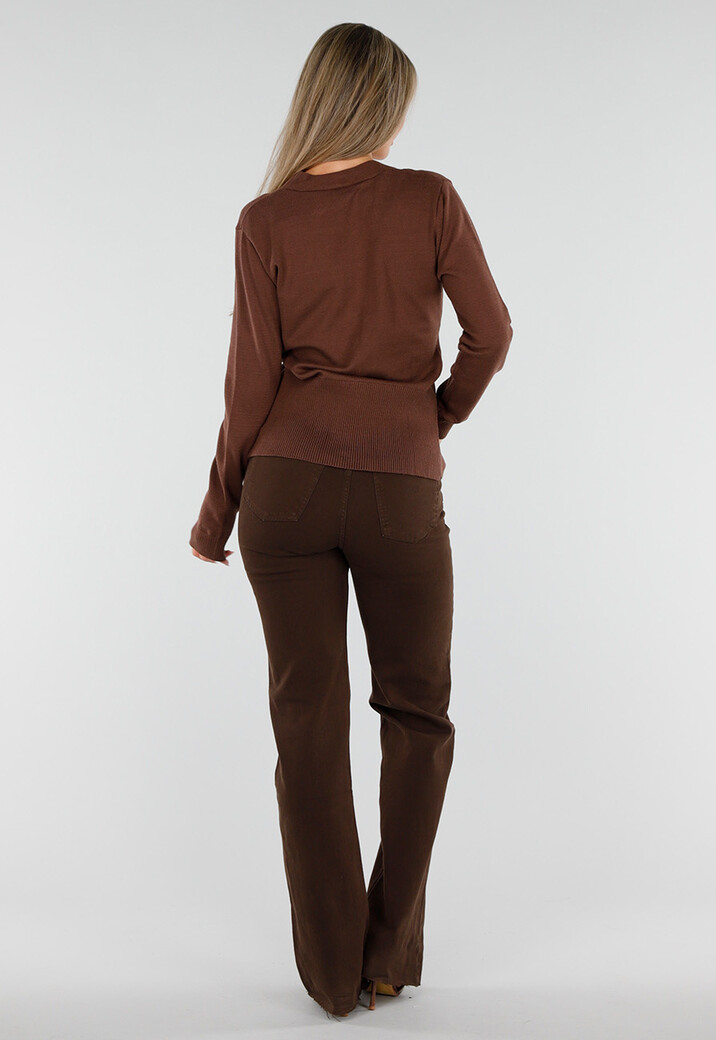 Bruin Gebreid Vest met Lange Mouwen en Gouden Knopen