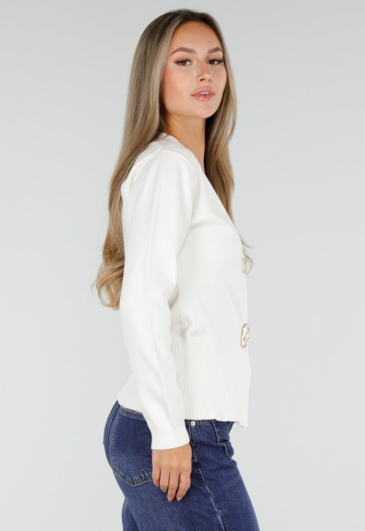 Wit Gebreid Vest met Lange Mouwen en Gouden Knopen