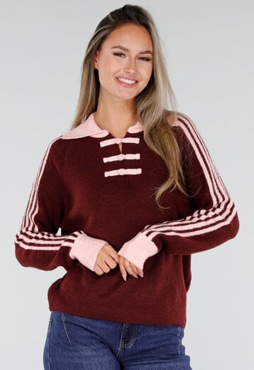 NEW300926 Bordeaux Trui met Roze Strepen en Kraag