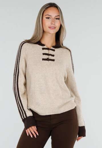 Beige Trui met Bruine Strepen en Kraag