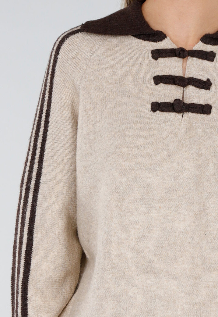 Beige Trui met Bruine Strepen, Kraag en Drie Knoopsluitingen