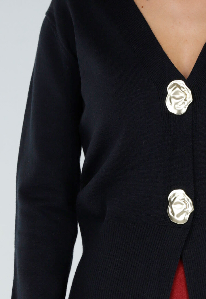 Zwart Gebreid Vest met Lange Mouwen en Gouden Knopen
