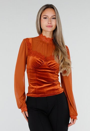 NEW300926 Oranje Top met Kant en Lange Mouwen