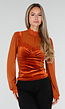 Oranje Top met Kant, Transparante Lange Mouwen en Hoge Hals