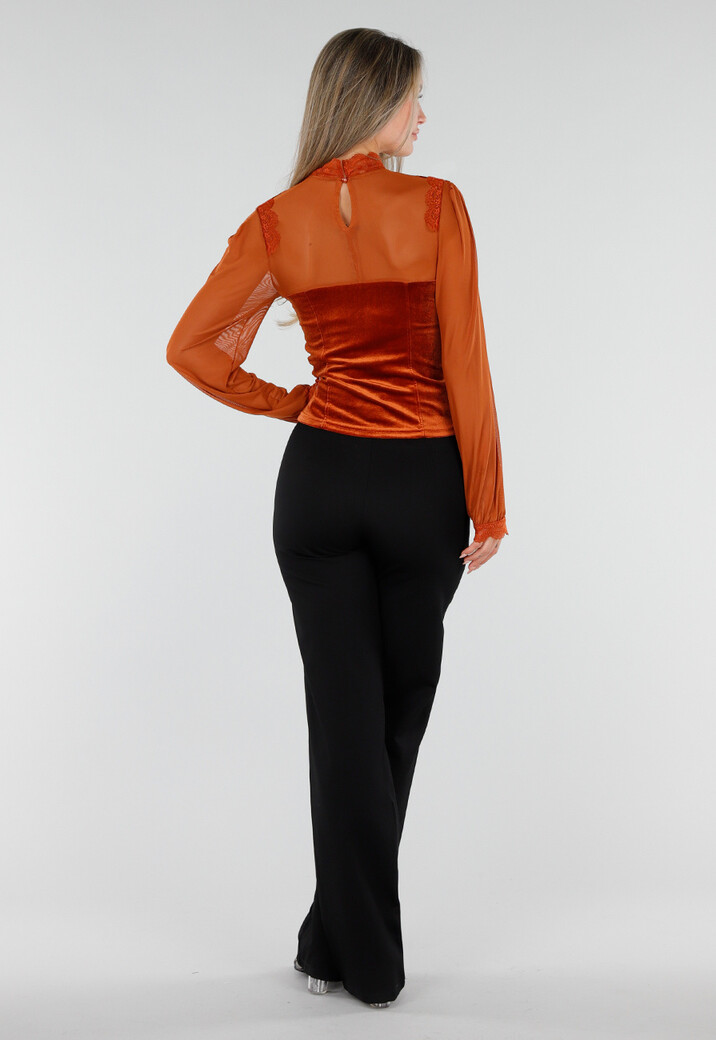 Oranje Top met Kant, Transparante Lange Mouwen en Hoge Hals