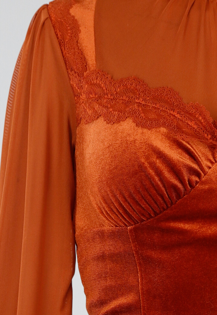 Oranje Top met Kant, Transparante Lange Mouwen en Hoge Hals