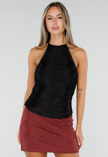 NEW300926 Zwarte Fringe Haltertop met Ondertop