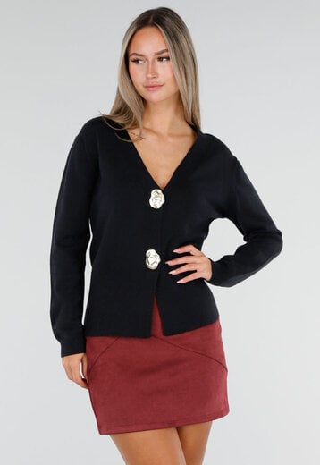 NEW300926 Zwart Gebreid Vest met Gouden Knopen