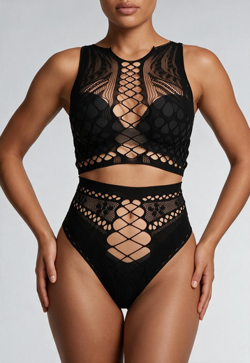 Zwarte Korte Fishnet Two Piece