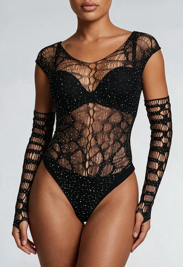 Zwarte Fishnet Glitter Bodysuit met Losse Mouwen