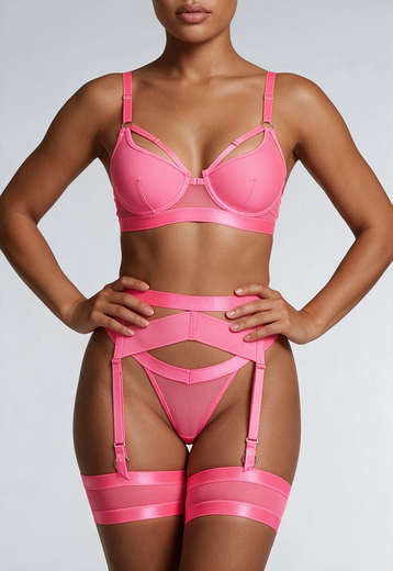 Neon Roze 5-Delig Mesh Lingerie Setje