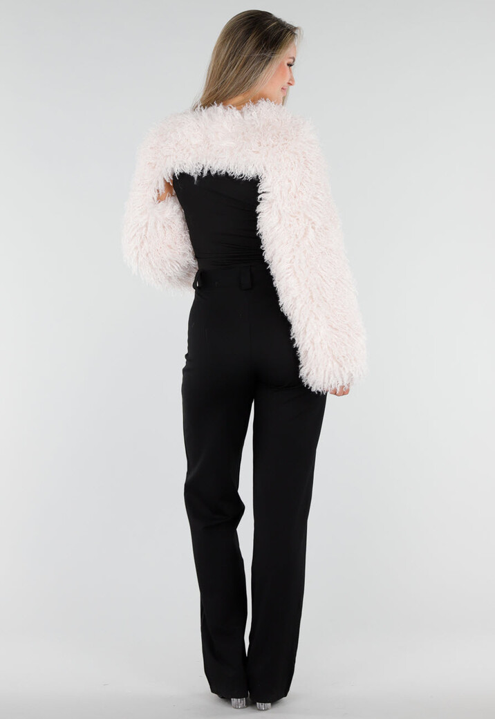 Ecru Faux Fur Bolero met Lange Wijde Mouwen En Korte Pasvorm