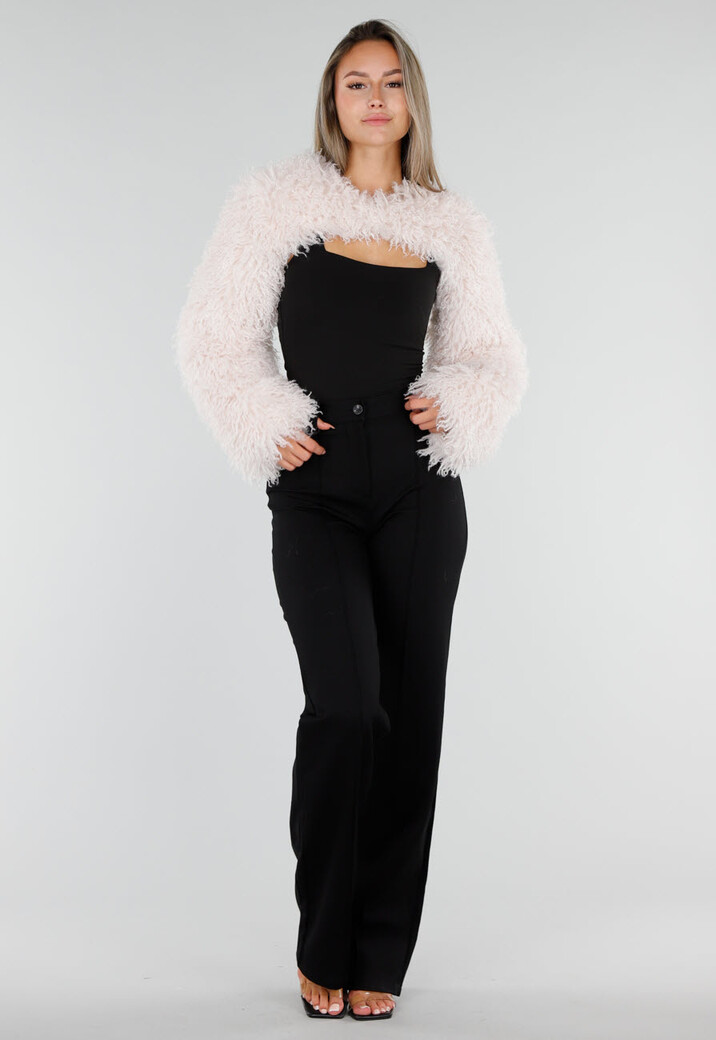 Ecru Faux Fur Bolero met Lange Wijde Mouwen En Korte Pasvorm