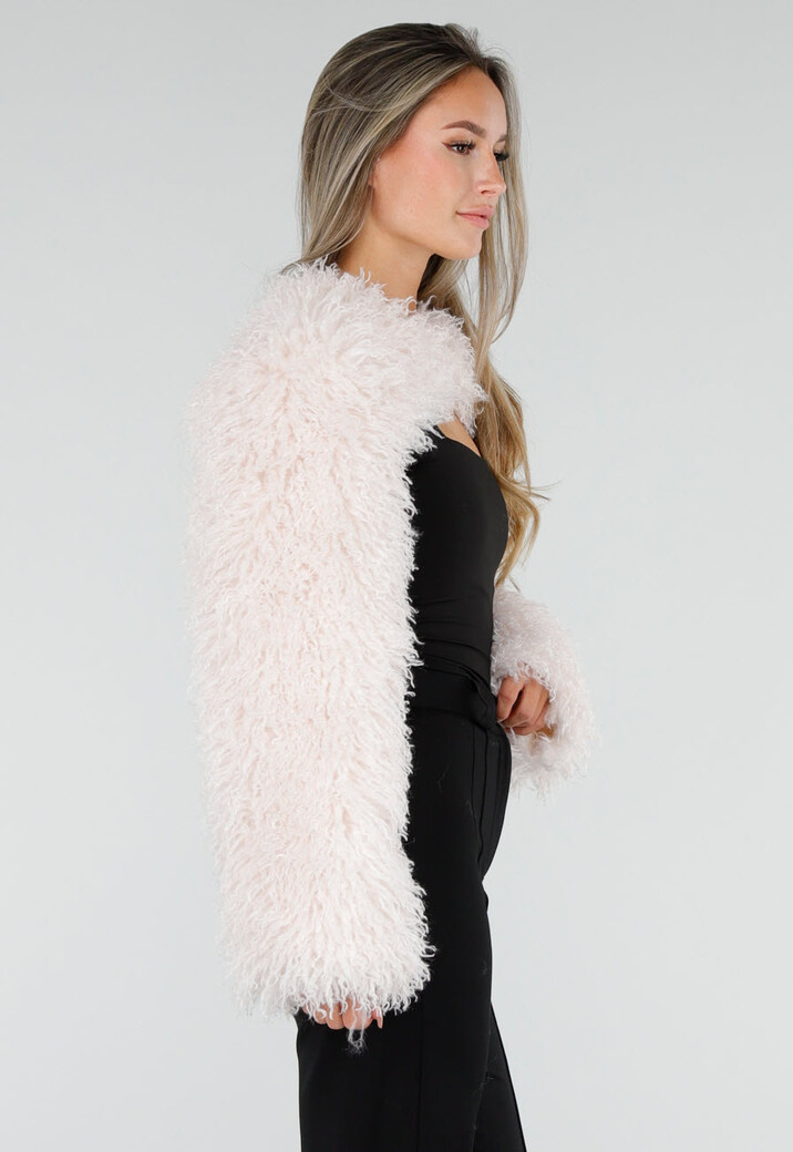 Ecru Faux Fur Bolero met Lange Wijde Mouwen En Korte Pasvorm