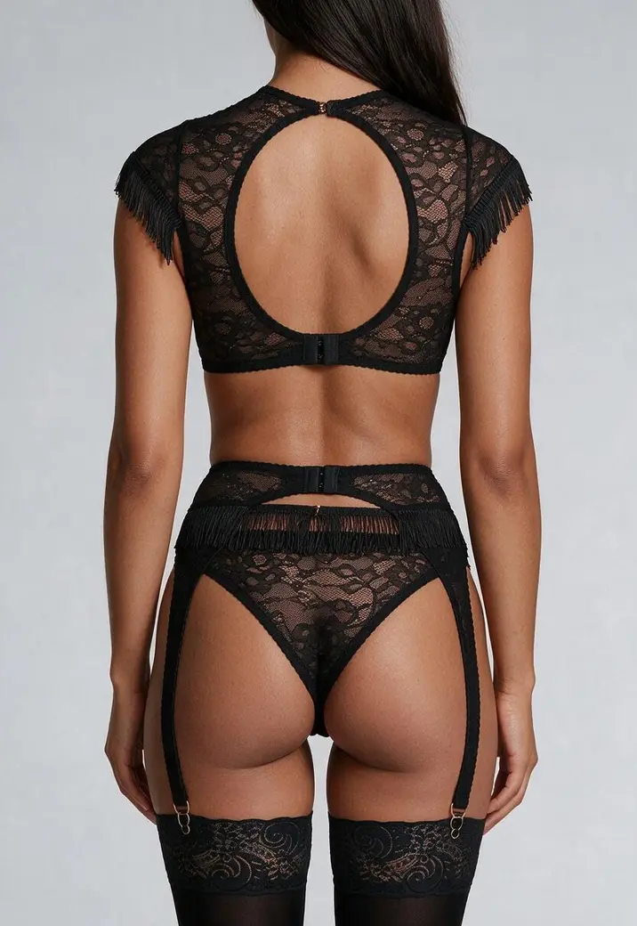 Zwarte Kanten Lingerie Set met Franjes en Open Detail