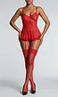 Rode Lingerie Set met Korsettop Jarretels Kanten Details en Netkousen