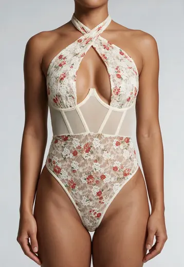 Beige Bodysuit met Vintage Bloemetjes