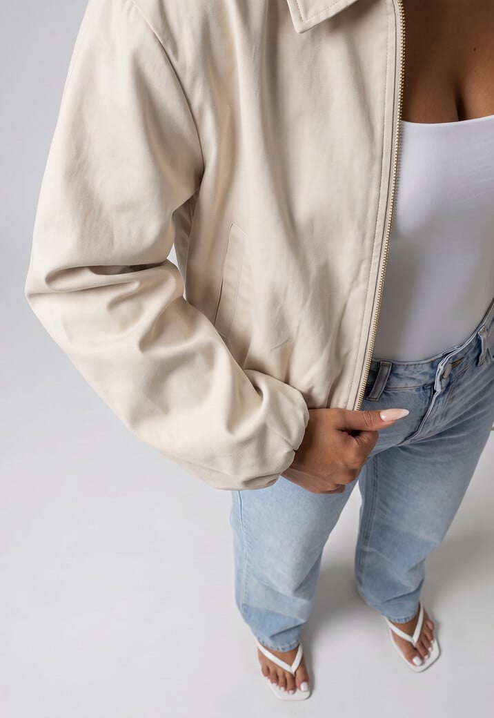 Crème Cropped Windjack met Ritssluiting en Ballonmouwen