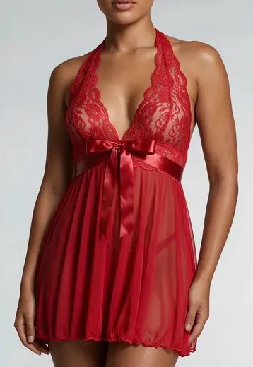 Rode Mesh Halter Slipdress met Kant