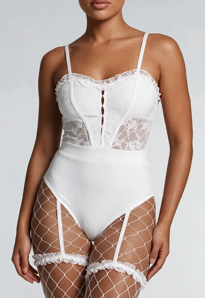 Witte Bruids Lingerie Set met Sluier en Netpanty met Jarretels