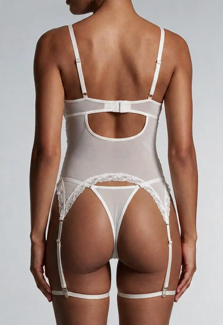 Witte Kanten Lingerie Set met Vetersluiting en Jarretels