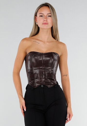 NEW071026 Bruine Lederlook Corset Top met Veter