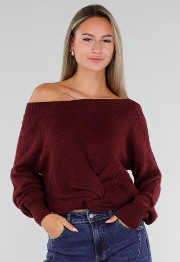 NEW071026 Bordeaux Gebreide One Shoulder Trui met Twist