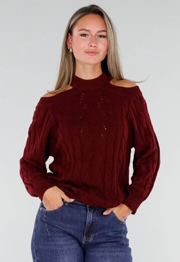 NEW071026 Burgundy Trui met Open Schouders
